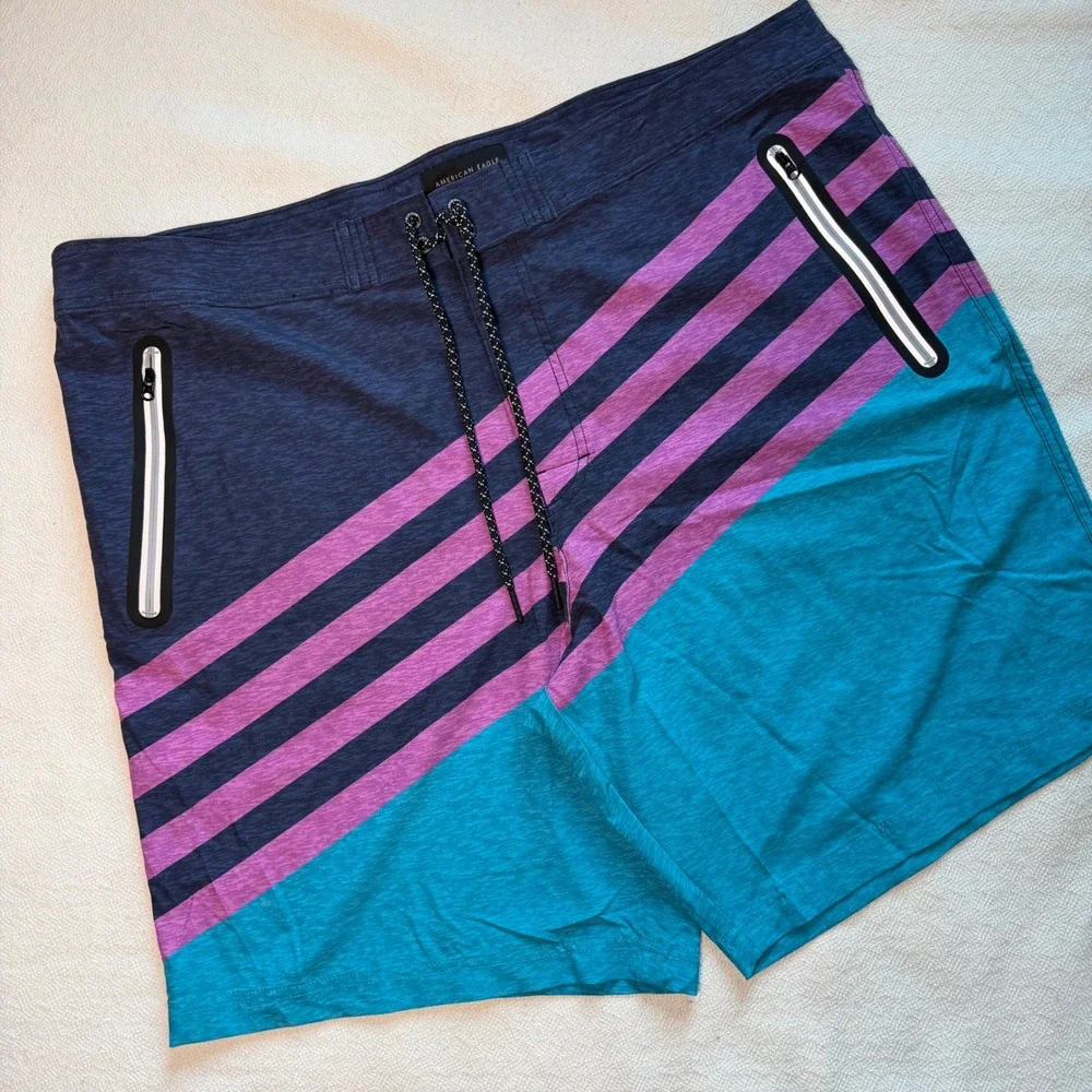 American Eagle Men XXL Board Shorts Striped Colorblock Swim Trunks Navy Teal 2XL